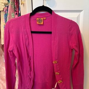 Tory Burch Bright Pink Cashmere-Blend Cardigan with Gold Buttons